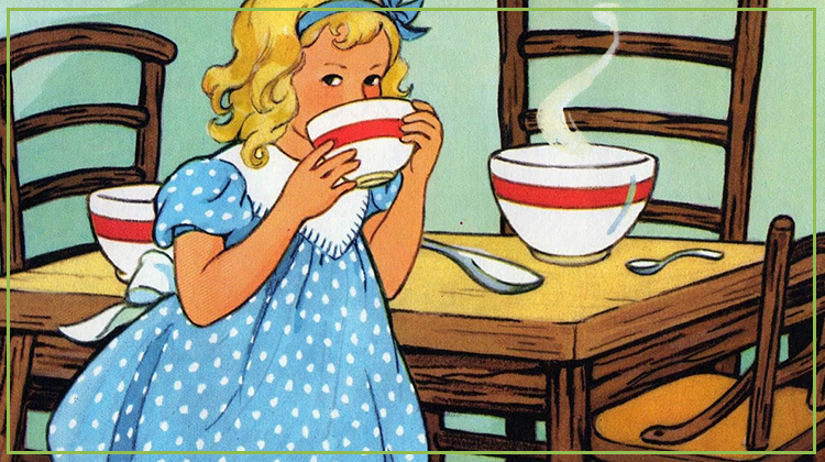 Goldilocks eating from a bowl of porridge which is just right