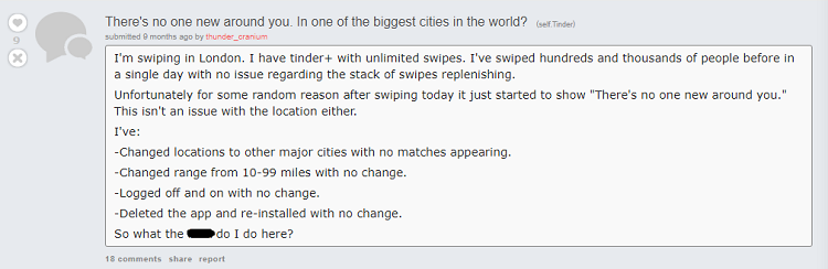 Tinder's 'no one new near you' message discussion